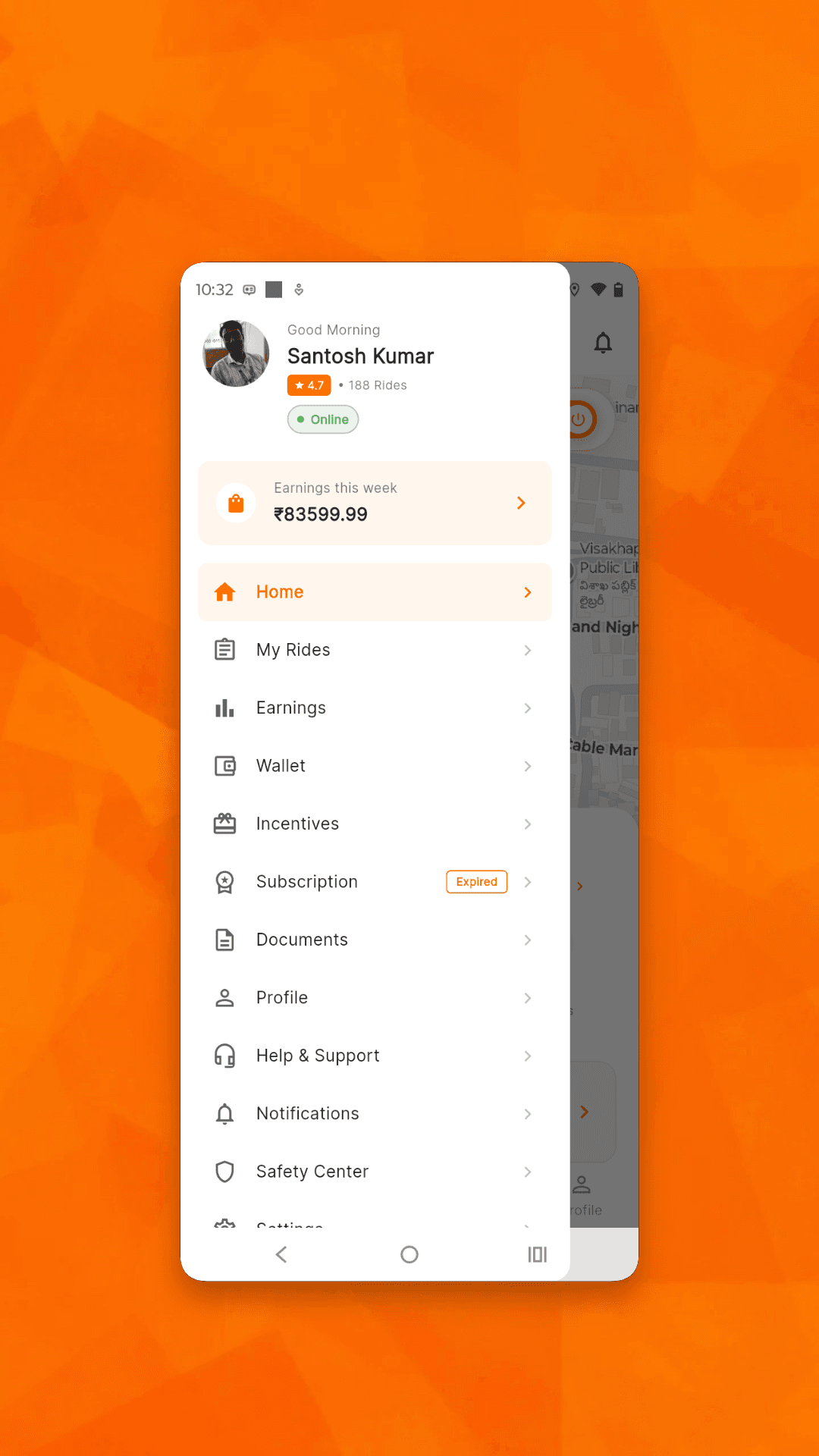 Driver menu with rides, earnings, wallet, incentives, subscription, documents and safety center