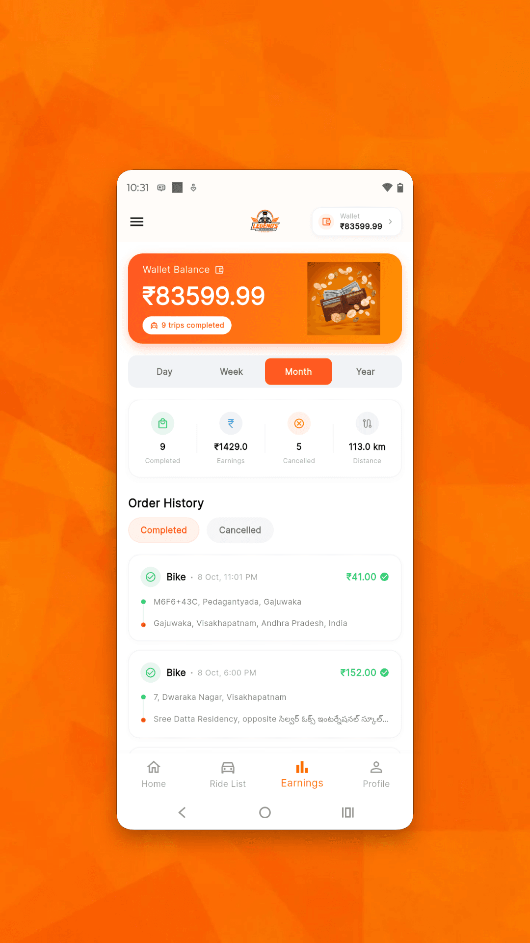 Driver earnings screen with wallet balance, time filters and completed ride history