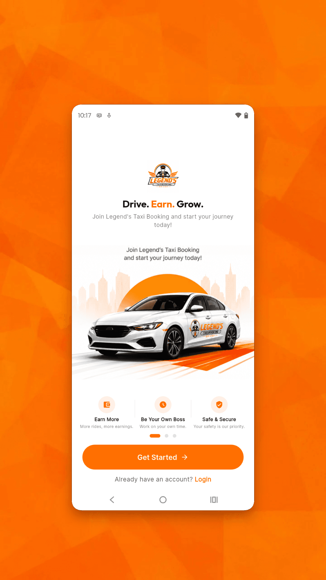 Legend’s driver app welcome screen with Get Started and Login options