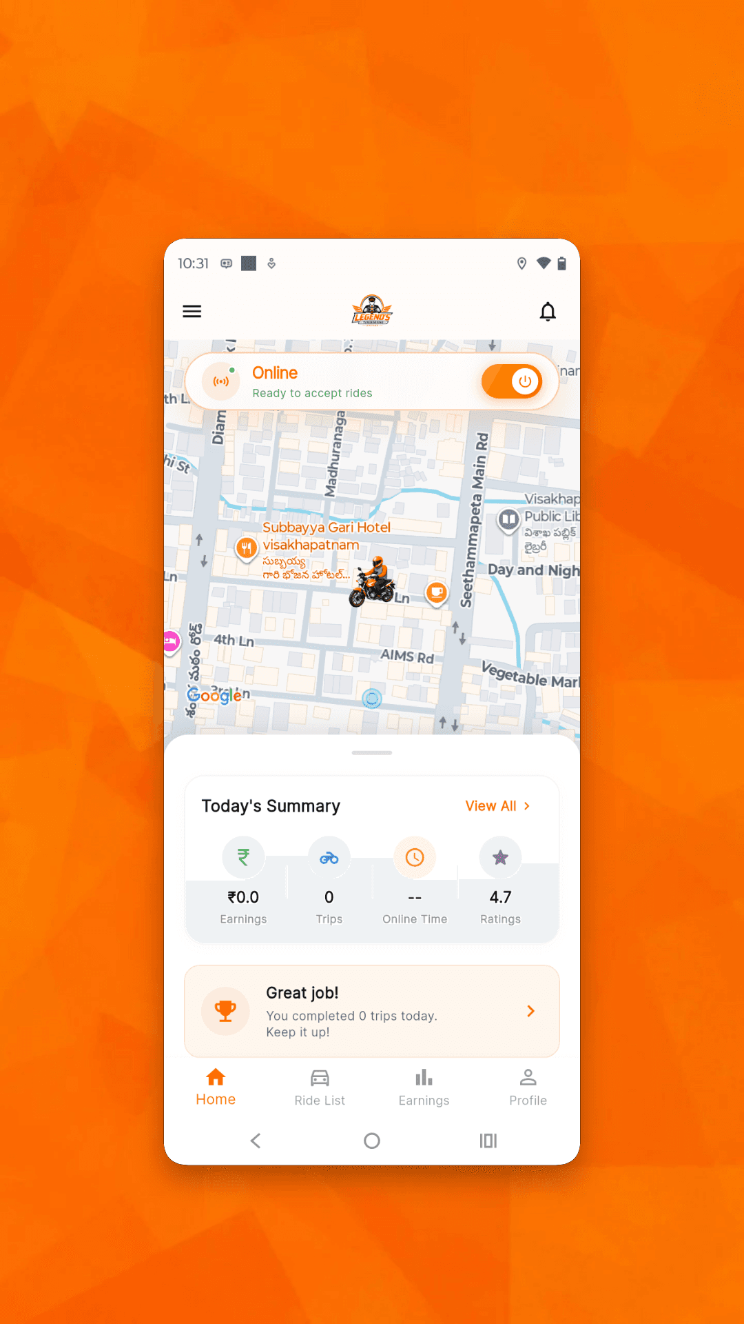 Driver app showing online availability, map and today’s summary