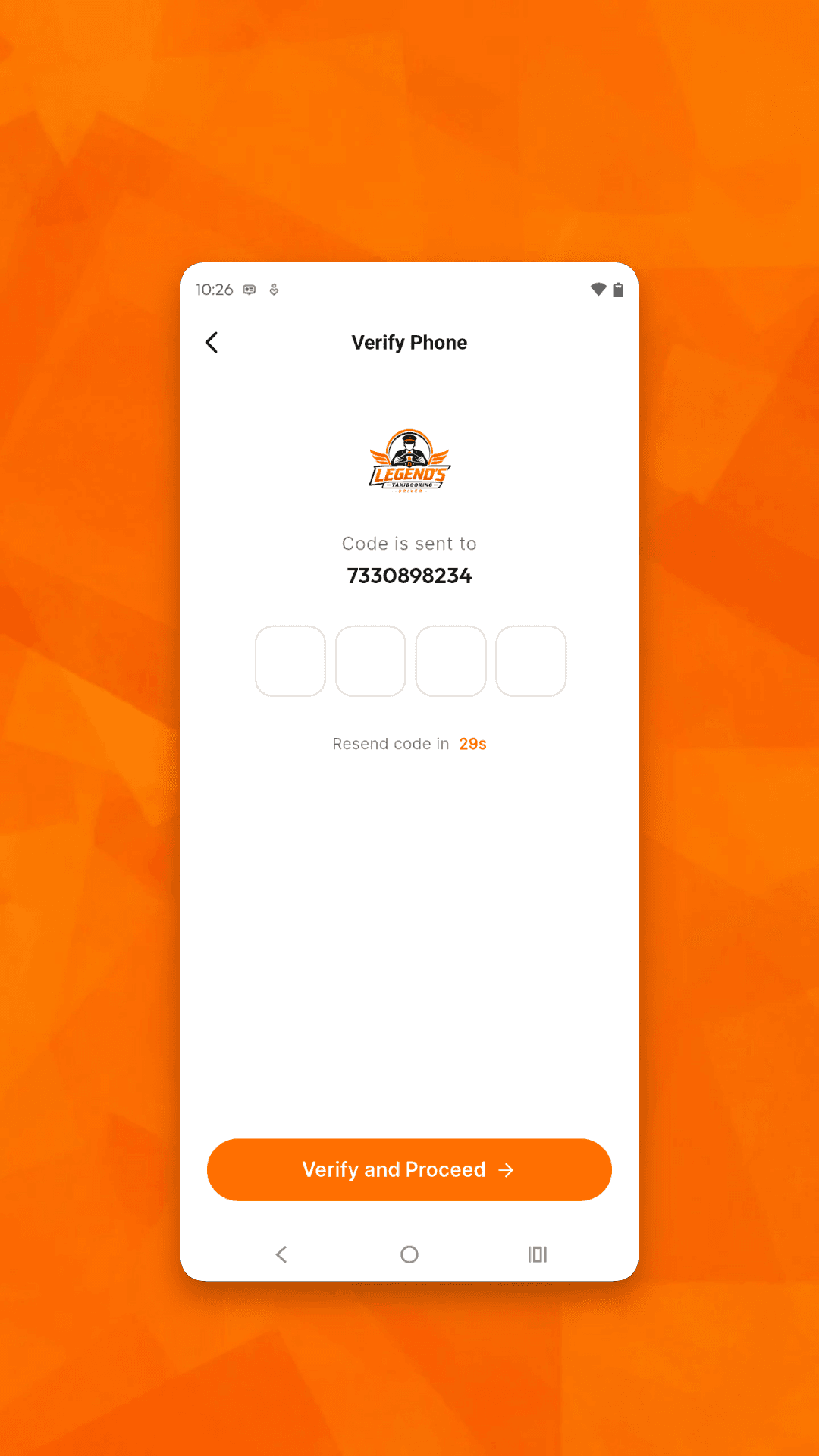 Driver app phone verification screen with four code fields