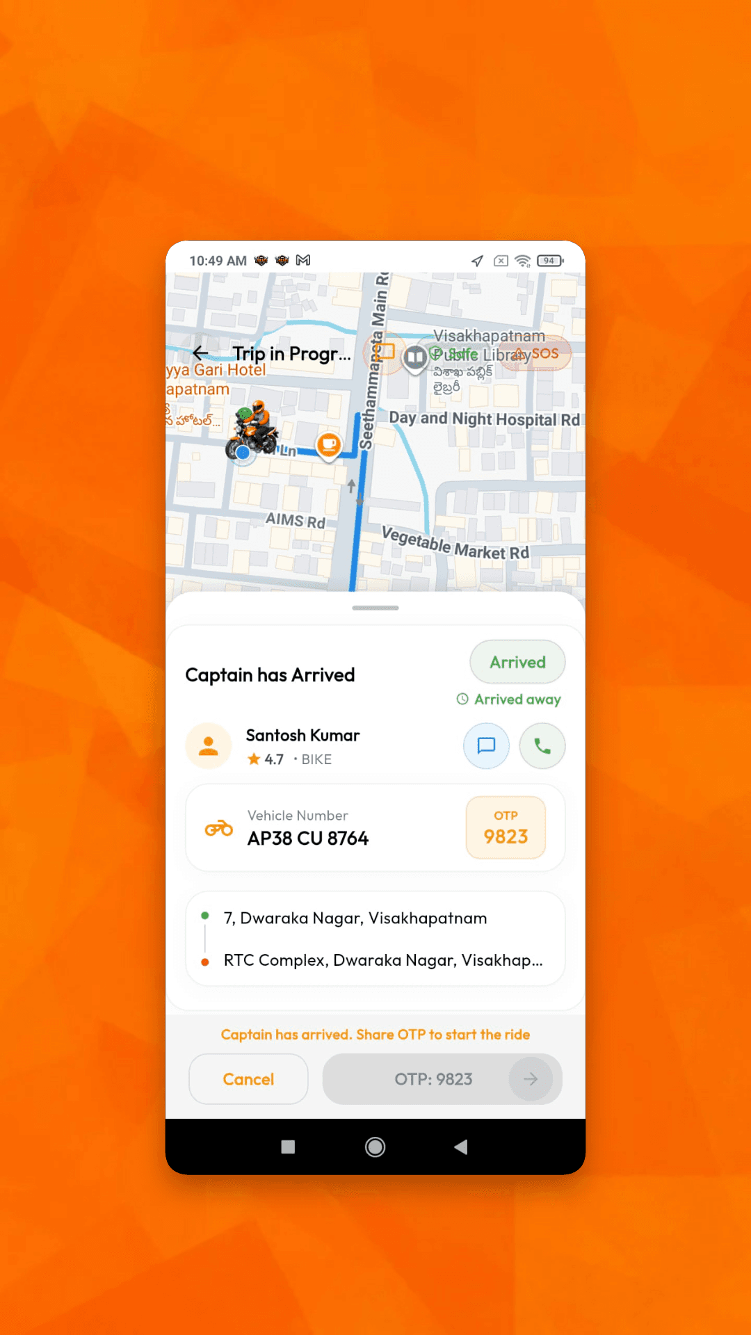 Captain arrived screen showing the driver, vehicle, trip route and ride start verification