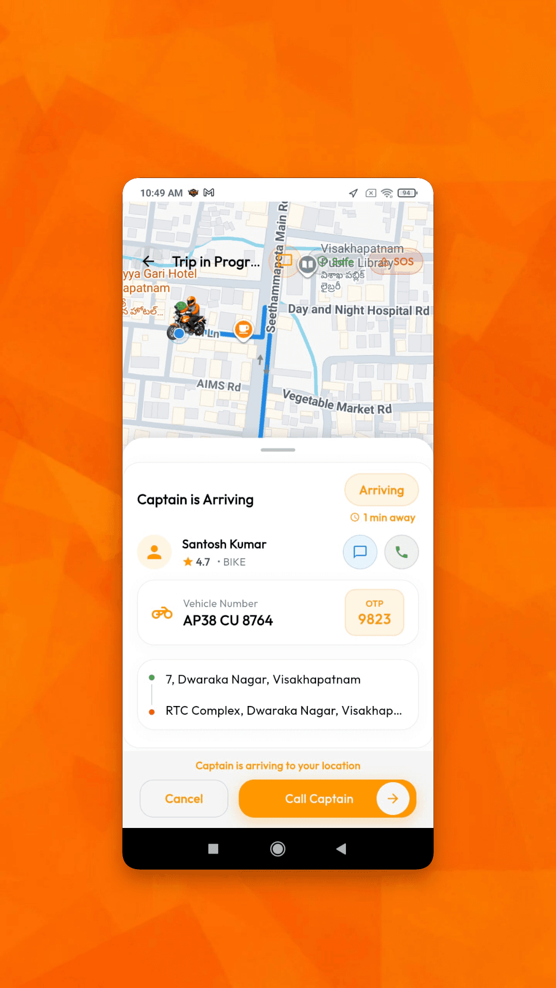 Captain arriving screen with a map, estimated arrival, driver details and contact options