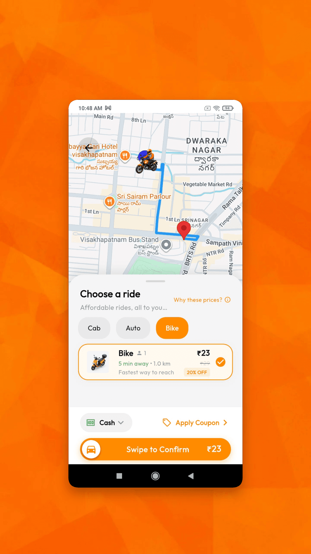 Ride selection screen with cab, auto and bike options, fare, payment method and coupon controls