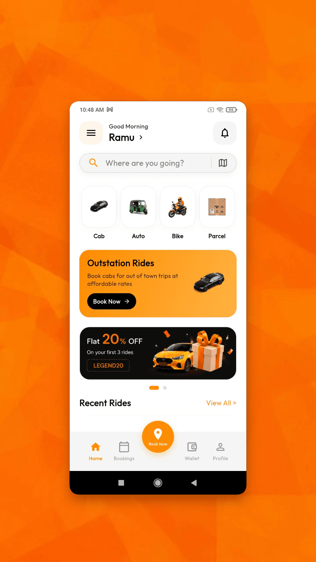 User home dashboard with vehicle choices, outstation booking, offers and recent rides