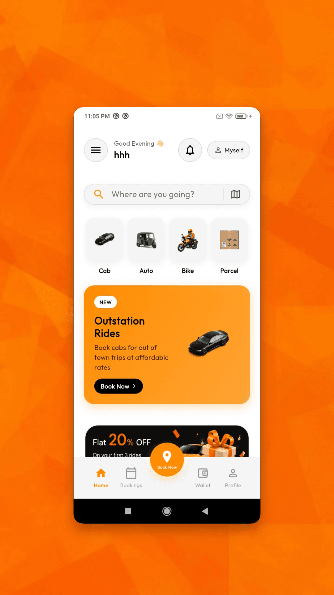 Legend’s user app home screen with cab, auto, bike, parcel and outstation ride options