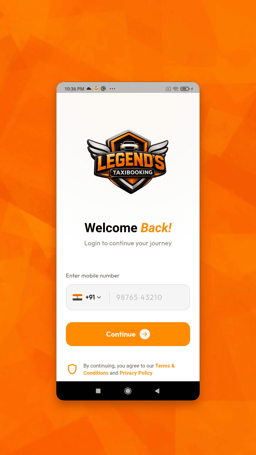 User app login screen with mobile number entry and a Continue button