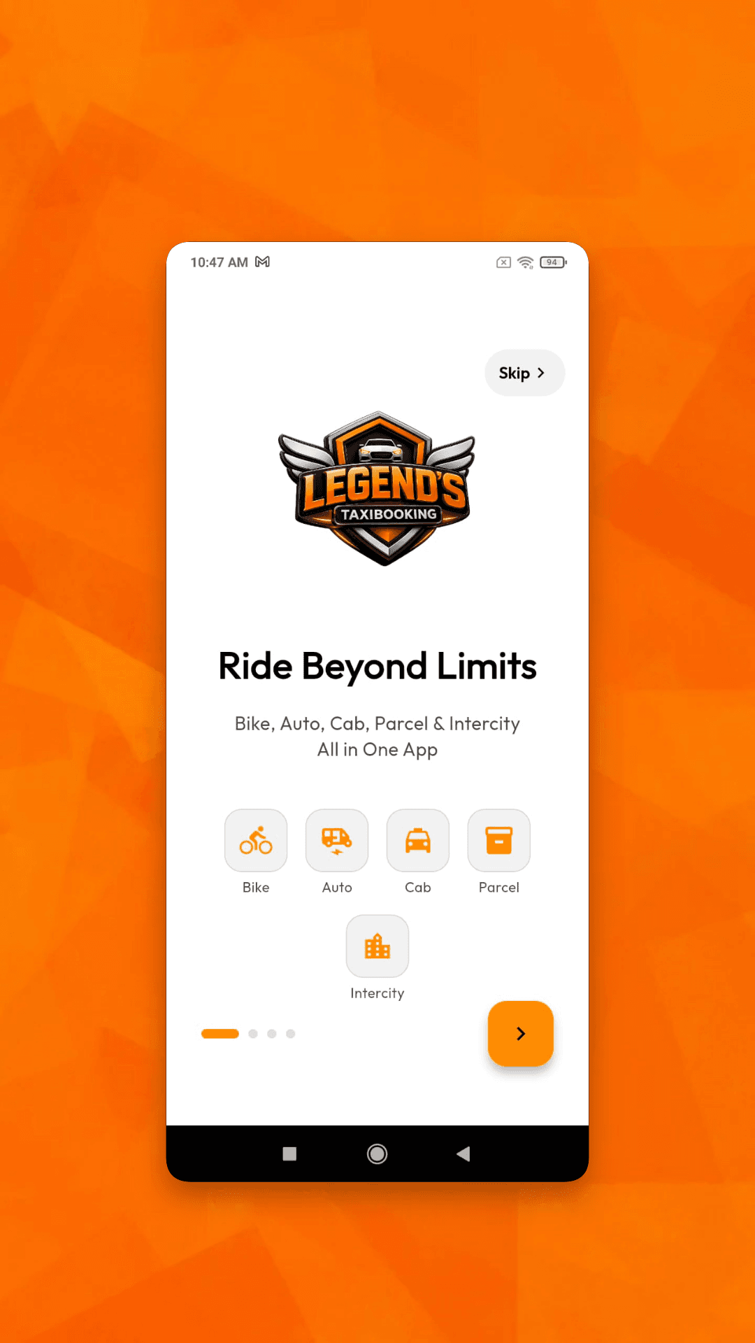 User app introduction displaying bike, auto, cab, parcel and intercity services