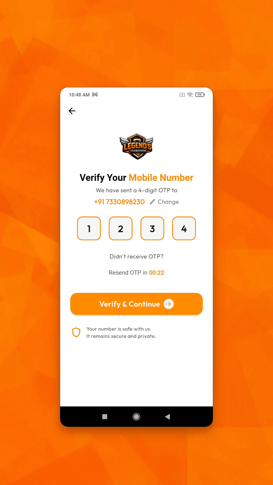 User app mobile verification screen with four OTP fields and a resend code option