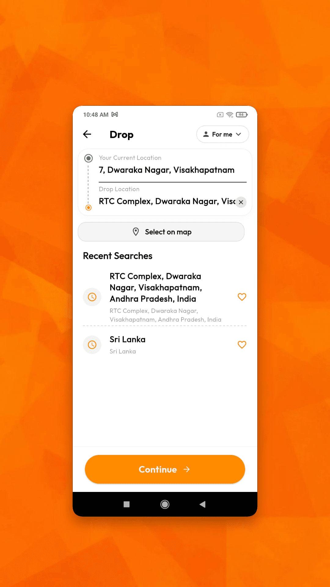 Destination picker displaying recent searches and the option to select a location on the map