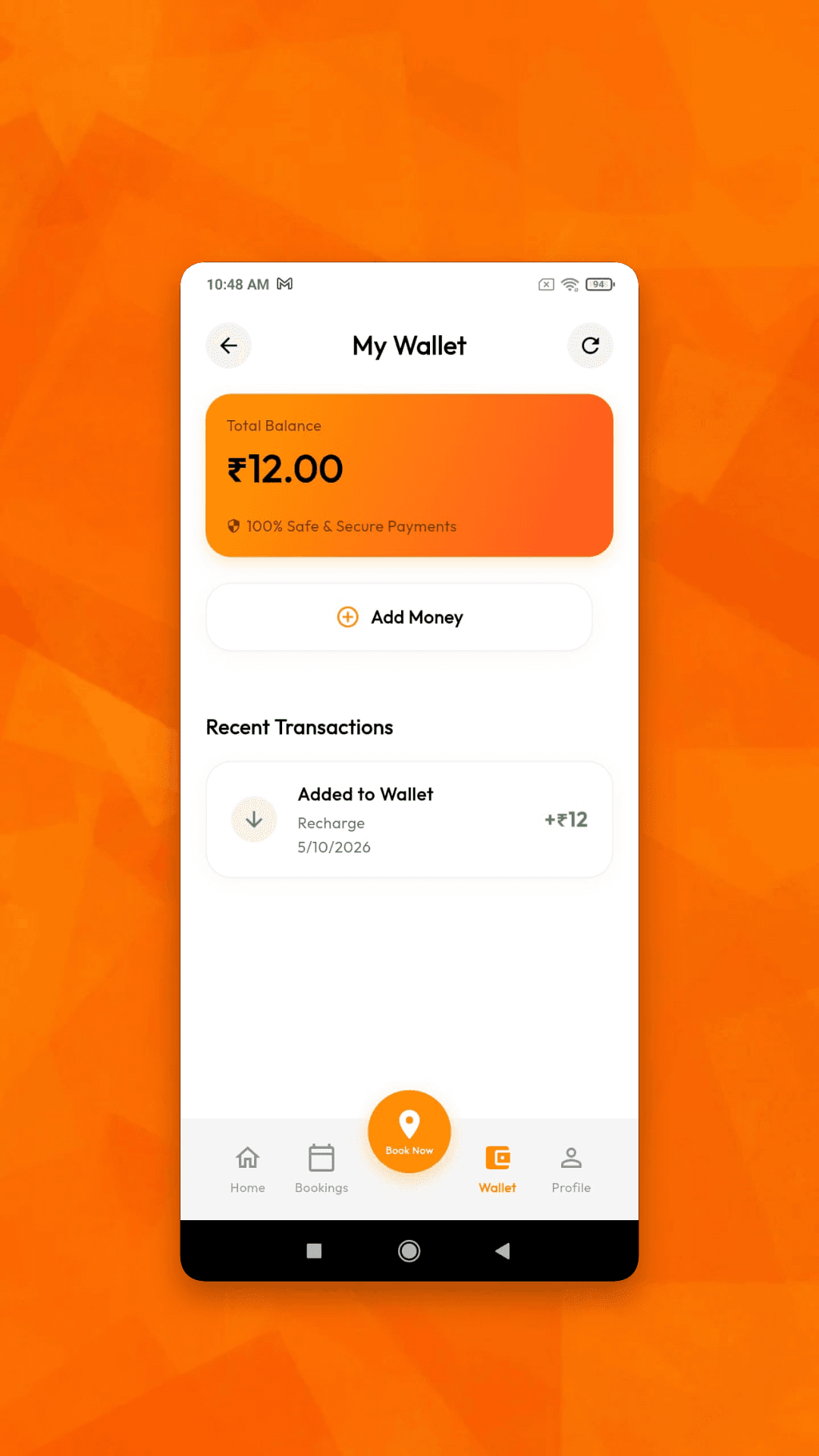 User wallet screen with balance, Add Money and recent transactions
