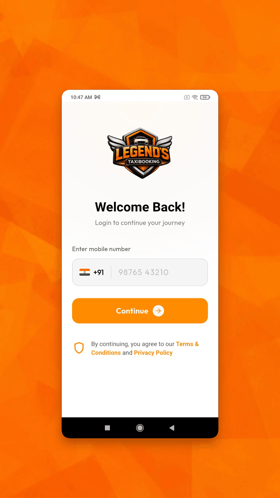 Alternate user app welcome screen with mobile login and links to terms and privacy policy